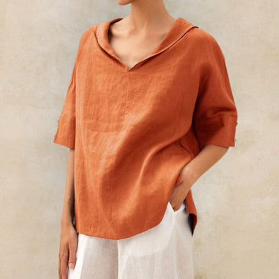 Camisa informal de lino con cuello en V para mujer: blusa holgada para uso diario