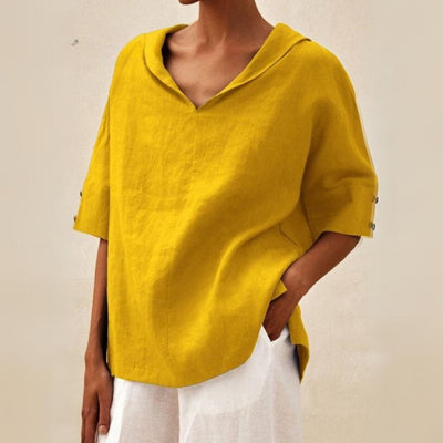 Camisa informal de lino con cuello en V para mujer: blusa holgada para uso diario