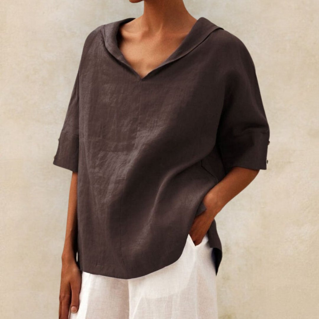 Camisa informal de lino con cuello en V para mujer: blusa holgada para uso diario