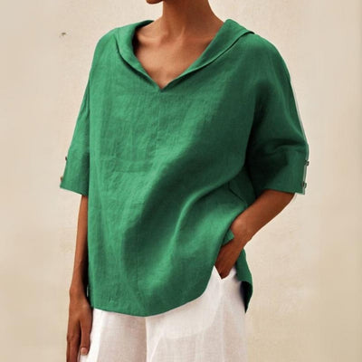 Camisa informal de lino con cuello en V para mujer: blusa holgada para uso diario