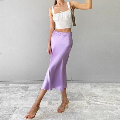 Falda midi de satén de color liso