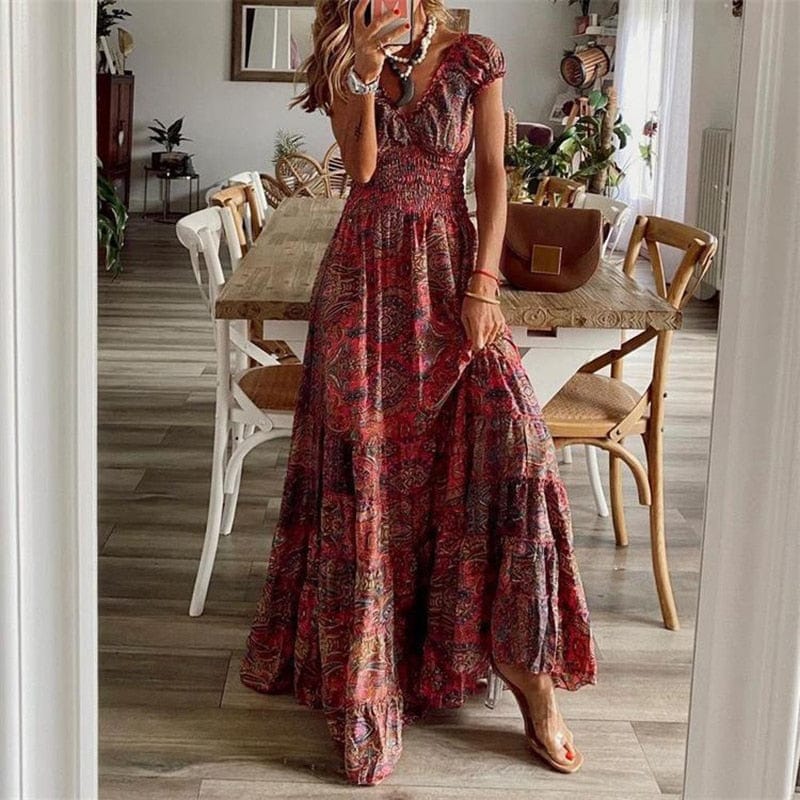 Robe longue bohème à manches courtes