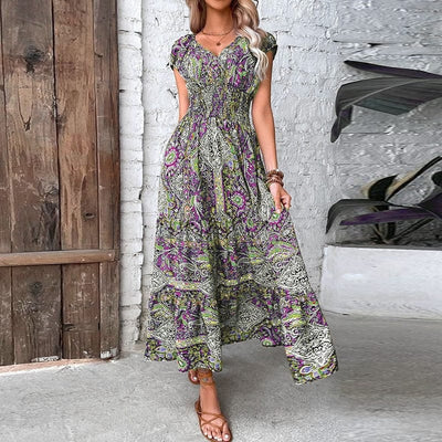 Robe longue bohème à manches courtes