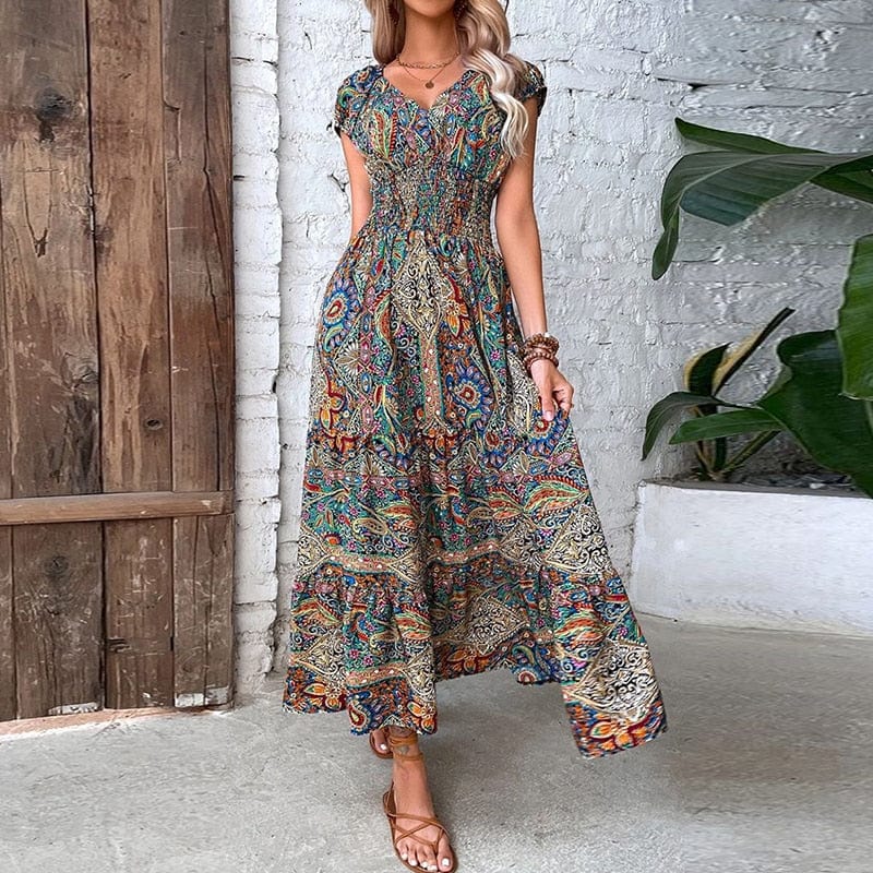 Robe longue bohème à manches courtes
