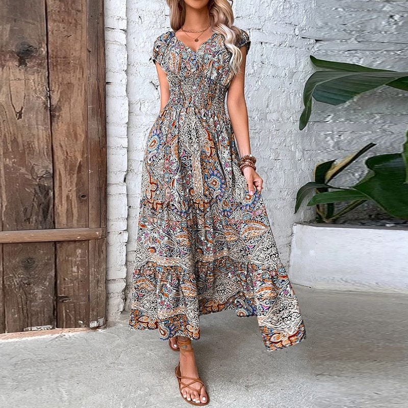 Robe longue bohème à manches courtes