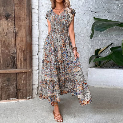 Robe longue bohème à manches courtes