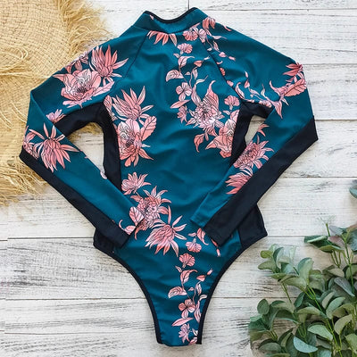 Traje de baño de una pieza estampado con mangas largas