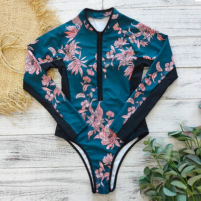 Traje de baño de una pieza estampado con mangas largas