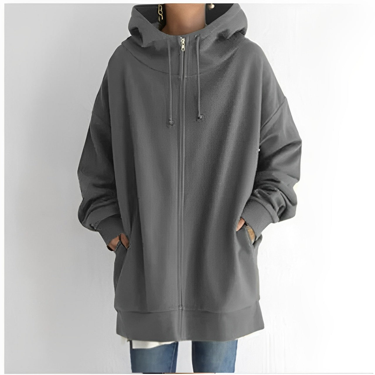 Giacca lunga con cappuccio e coulisse per donna