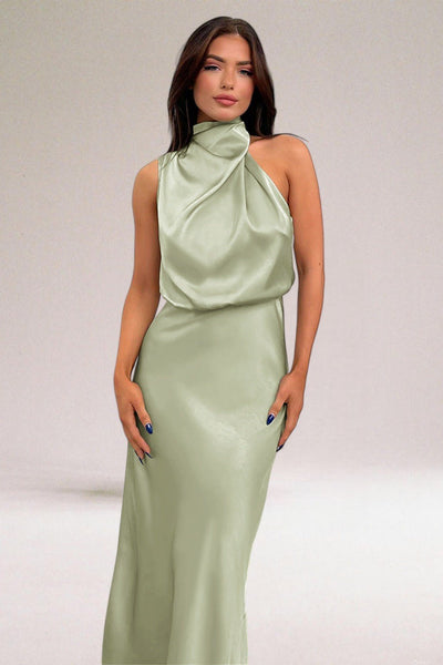 Abito elegante in raso con scollo ad aletta per donna