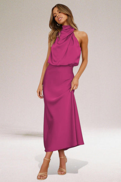 Abito elegante in raso con scollo ad aletta per donna