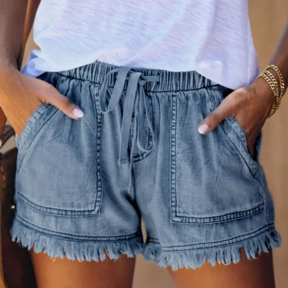 Short en jean taille haute avec ourlet à franges et cordon de serrage