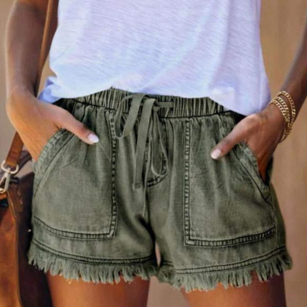 Short en jean taille haute avec ourlet à franges et cordon de serrage
