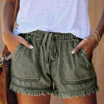 Short en jean taille haute avec ourlet à franges et cordon de serrage
