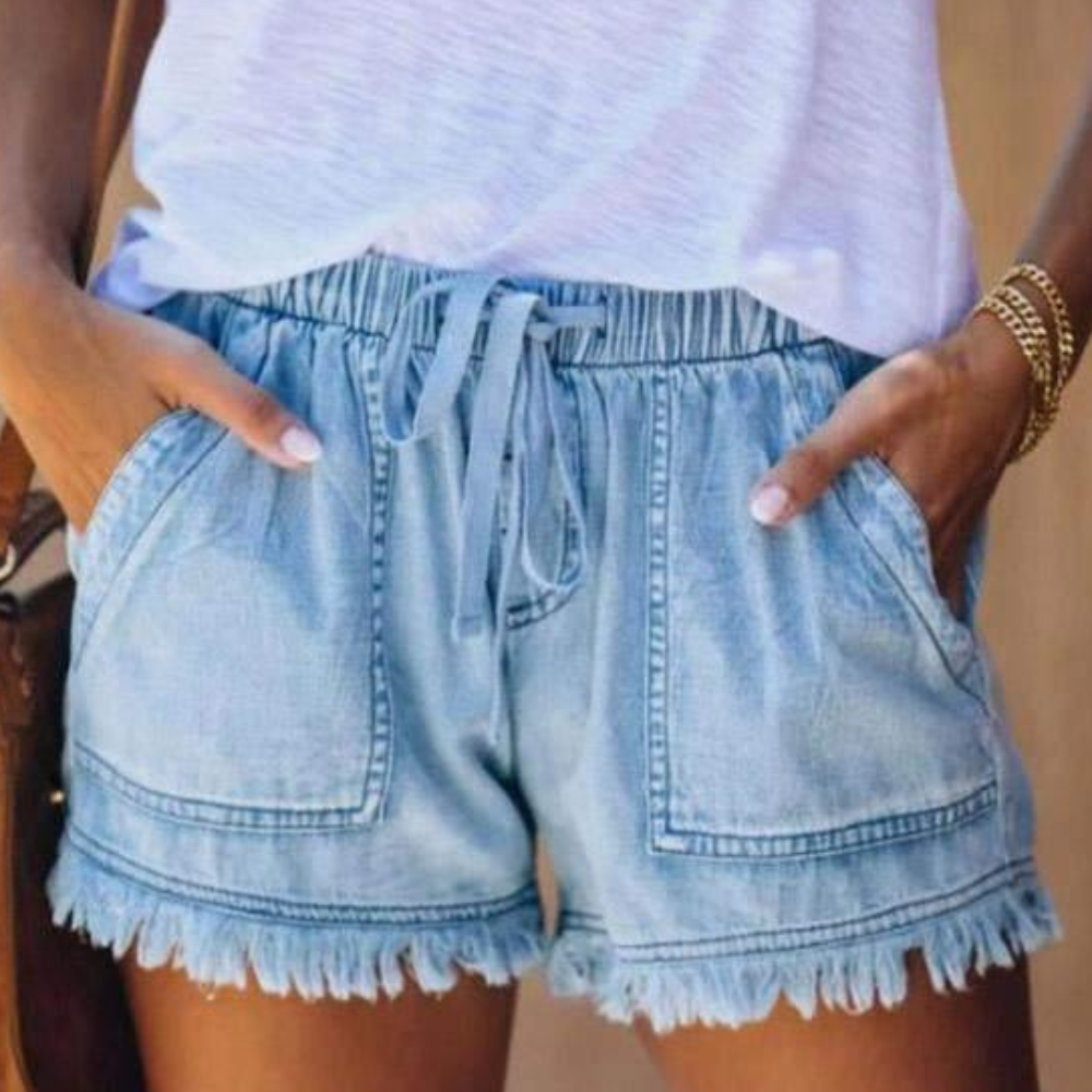 Short en jean taille haute avec ourlet à franges et cordon de serrage