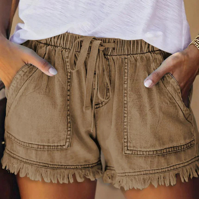 Short en jean taille haute avec ourlet à franges et cordon de serrage