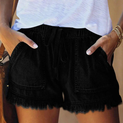 Short en jean taille haute avec ourlet à franges et cordon de serrage