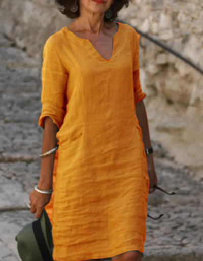 Ingrid - Robe tunique en lin à col en V sans soucis
