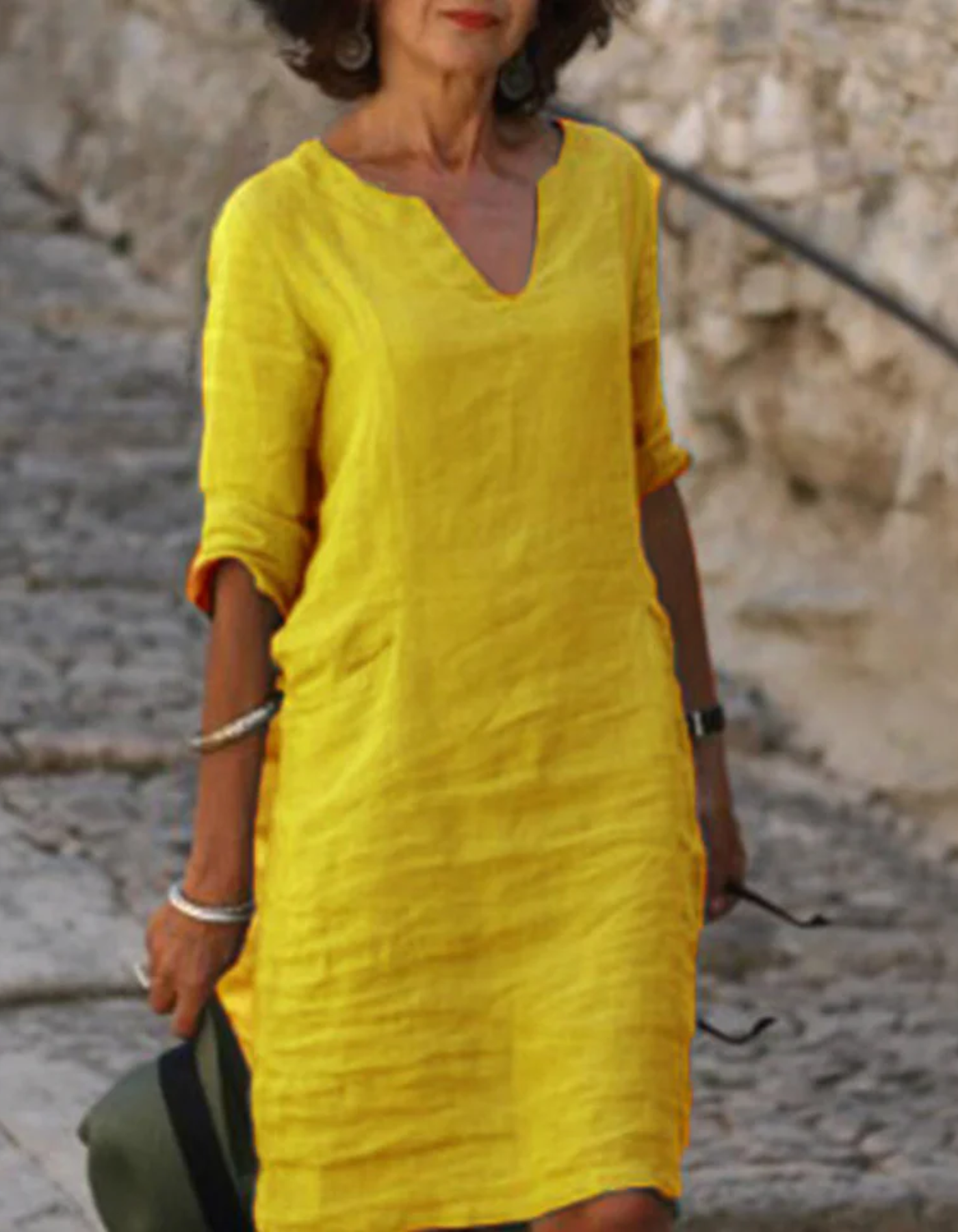 Ingrid - Robe tunique en lin à col en V sans soucis