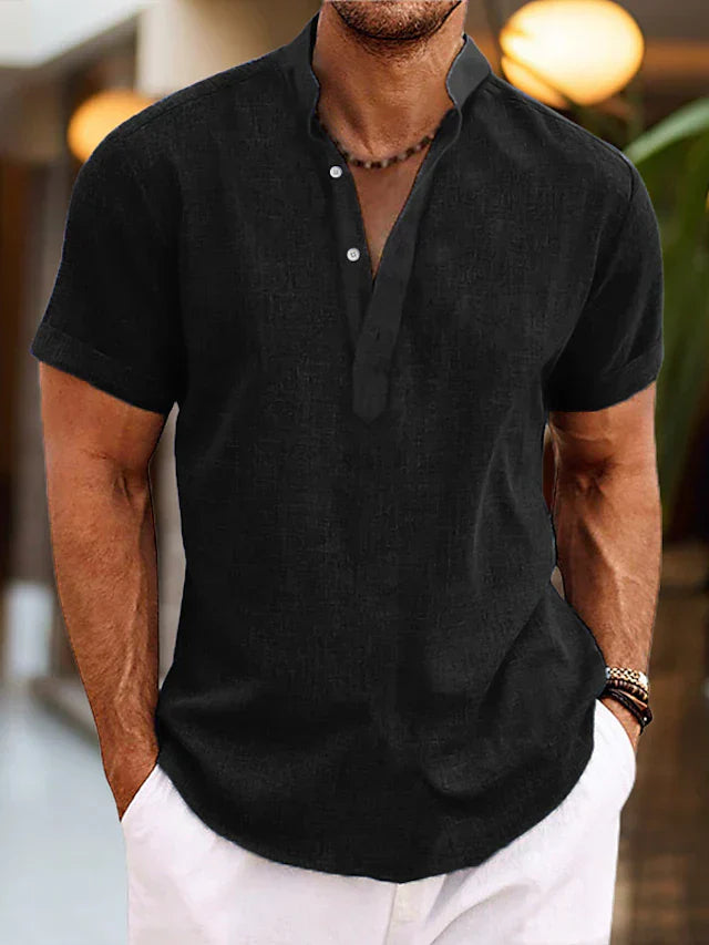 Camicia Silas da uomo in lino - Camicia estiva traspirante con colletto Henley e maniche corte