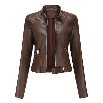 Chaqueta de cuero para mujeres con cremallera, cuello alto y cinturón
