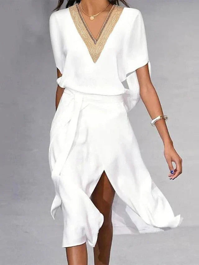 Isabella - moderno vestido midi blanco con escote en pico