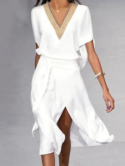 Isabella - moderno vestido midi blanco con escote en pico