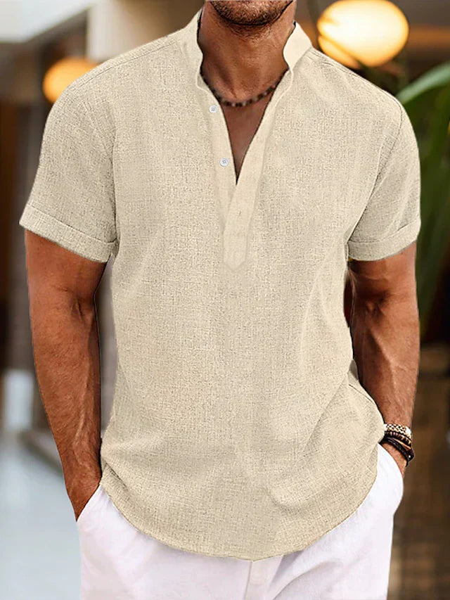 Camicia Silas da uomo in lino - Camicia estiva traspirante con colletto Henley e maniche corte