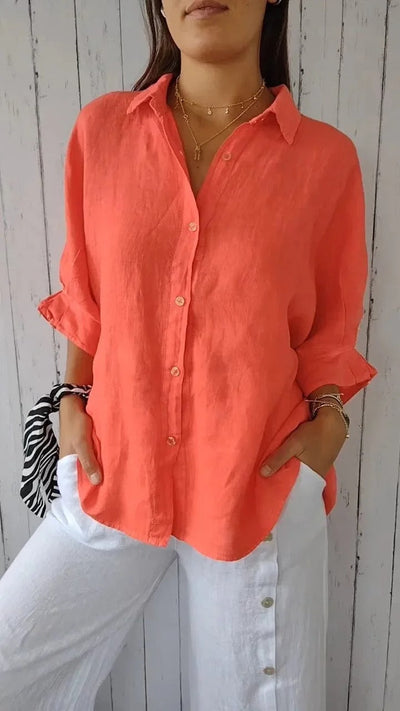 Camisa de mujer 100% lino con mangas largas y corte relajado.