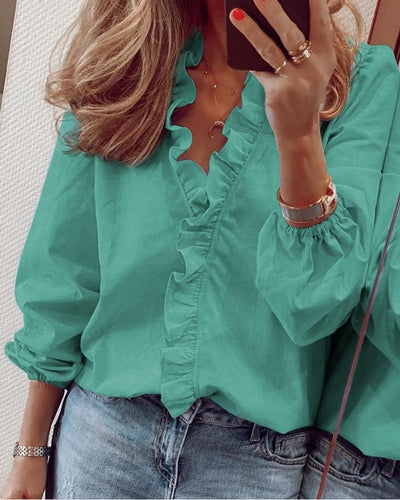 Camicetta donna in poliestere con scollo a V e ruches