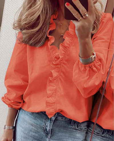 Camicetta donna in poliestere con scollo a V e ruches