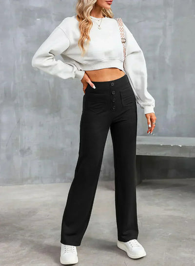 Pantalon féminin à haute teneur en taille avec boutonnage et élastique